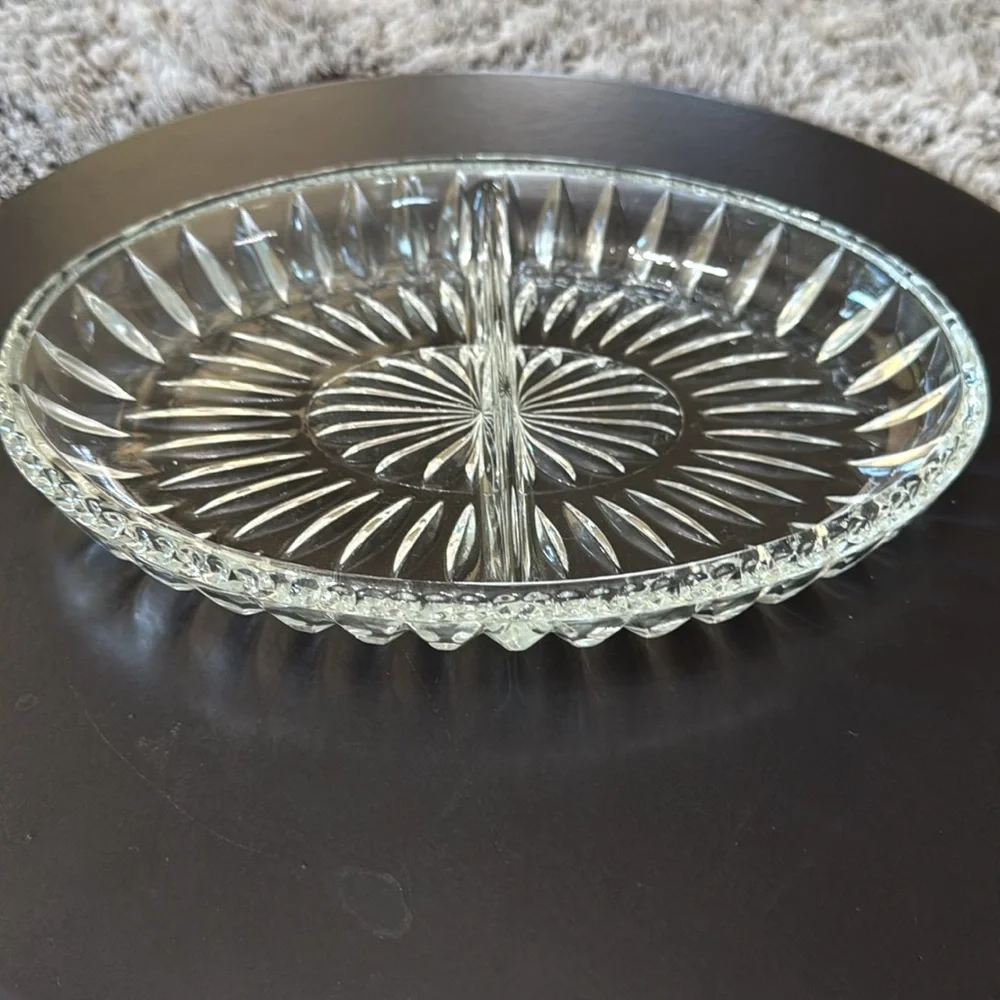 Vintage Clear Cut Glass Divided Serving Relish Dish Oval‎ Shaped Decorative